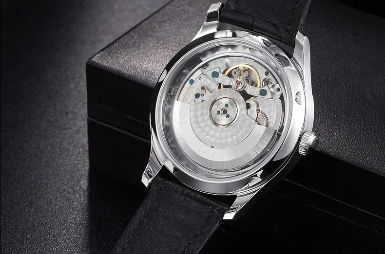 Parnis 43mm Silver Case Automatic Mechanical Men's Watch Power Reserve Black Leather Strap Men Watches heren horloge Luxury