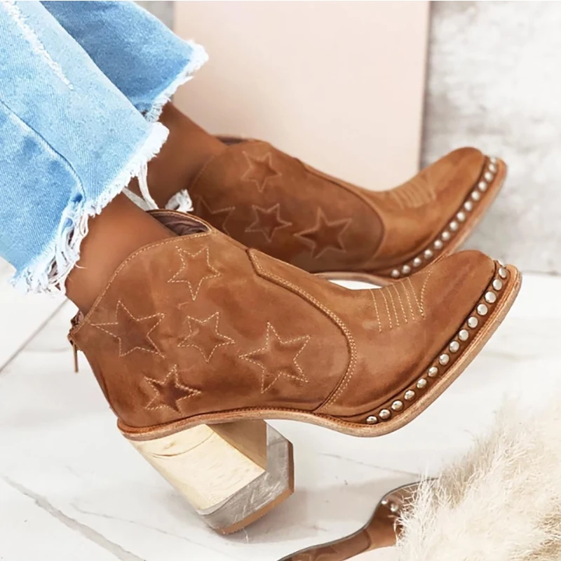 

Женские ботильоны зимние с вышивкой и звездами на молнии на толстом каблуке удобная женская обувь из искусственной кожи туфли-лодочки Botas De ...