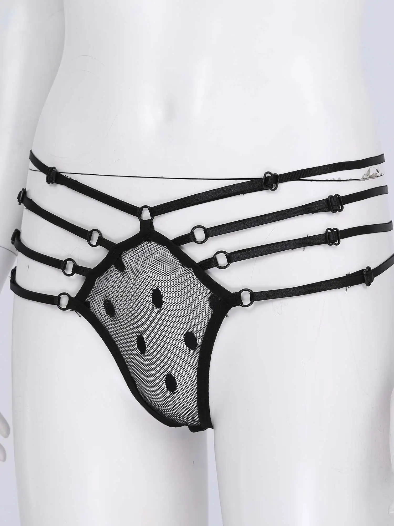 

Women Sexy Lingerie Set Dots Pattern See-Through Mesh Strappy Exotic Apparel Underwear Wireless Unlined Bra Tops with G-string