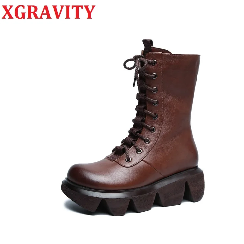 

XGRAVITY Women Fashion Thick Sole Ladies Boots Pure Color Original Cow Leather Shoes Wedge Platform Boots Women's Boots Girl 139