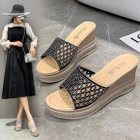 hollow out beach casual women sandals thick platform wedges outside summer ladies slippers blingbling sexy high 5cm 8cm slides