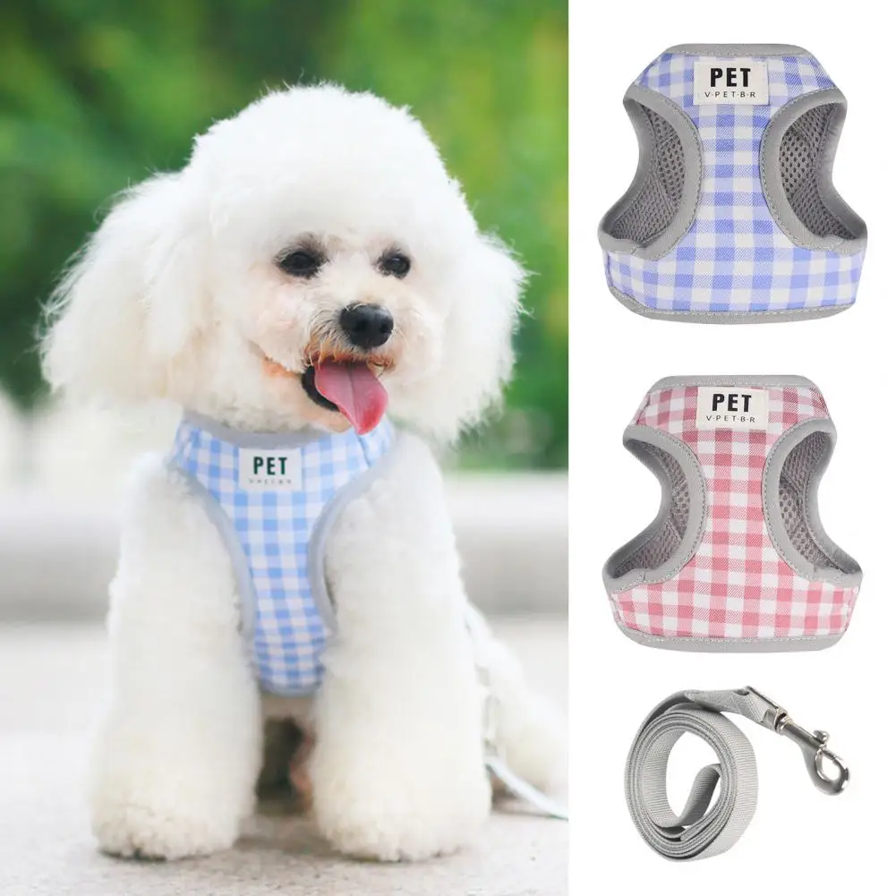 1Set Stylish Pet Collar Training Vest Adjustable With Walking Chest Strap Pet Dog Plaid Harness and Leash Set with Traction Rope