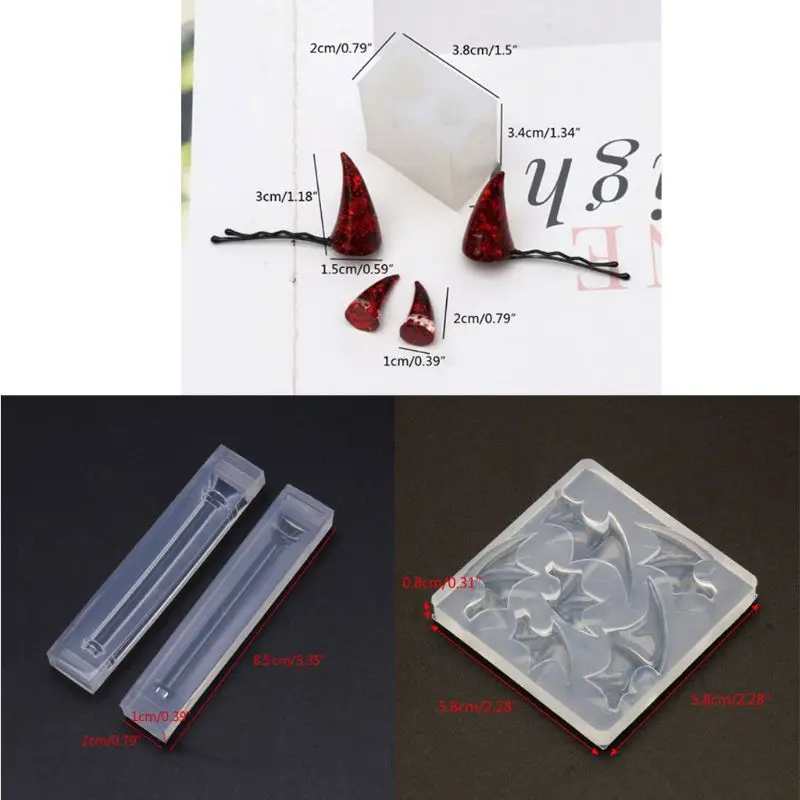 

3Pcs Magic Wand Evil Wings Devil Horns Hair Clips Silicone Resin Mold Witch Wand Theme Epoxy Resin Casting Molds Kit