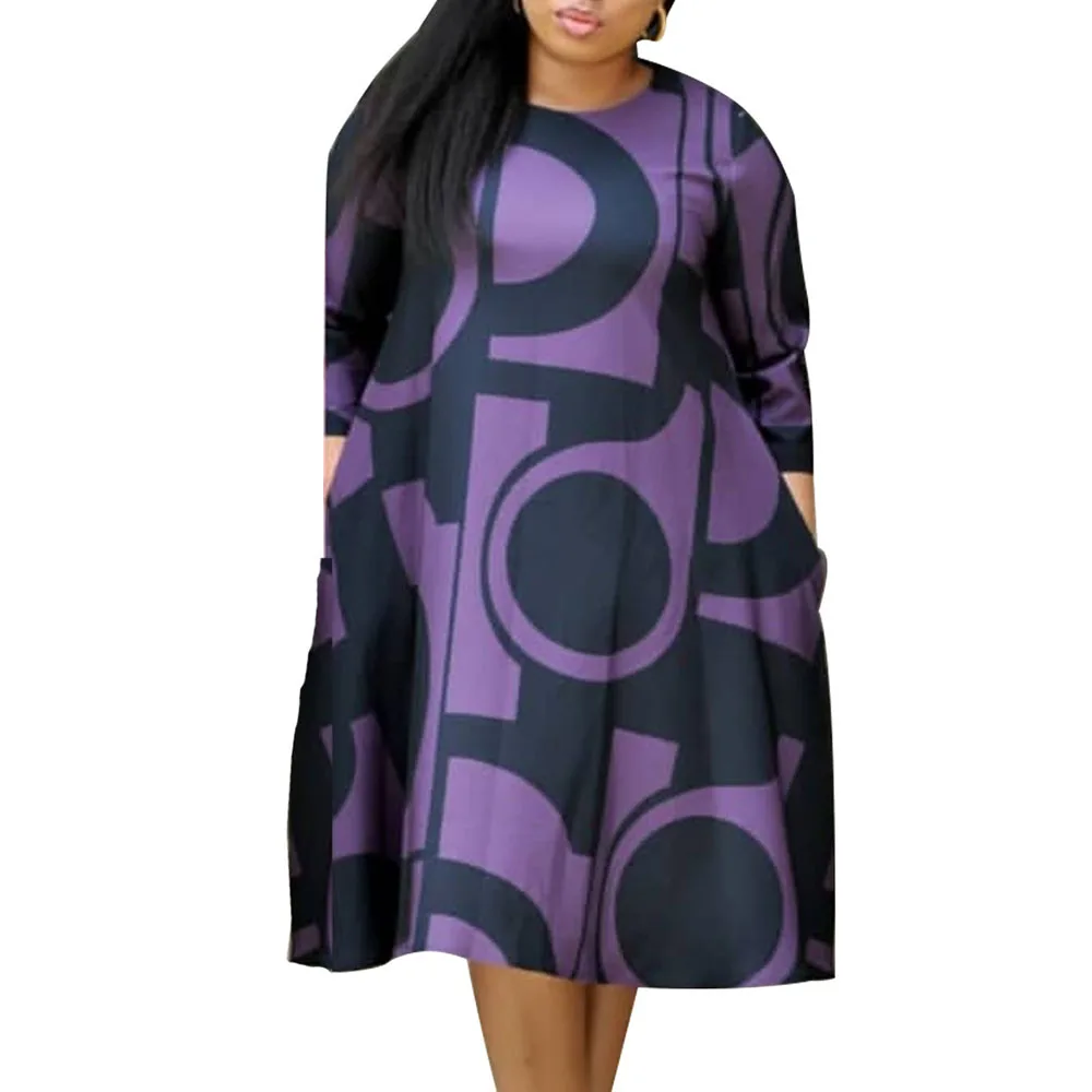 

Europe America African Plus Size Dresses Fashion Temperament Casual 2021 Autumn Winter New Round Neck Printing Long Sleeve