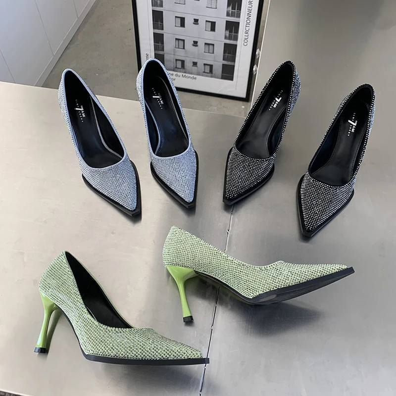 Женские туфли без задника зеленые или серые туфли-лодочки с острым носком