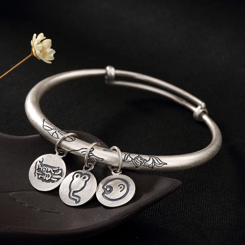 925 Sterling Silver Lotus  Xiang yun 12 Zodiac Lady Bracelet Triple Valentine Carved Lotus Push-pull Bracelet