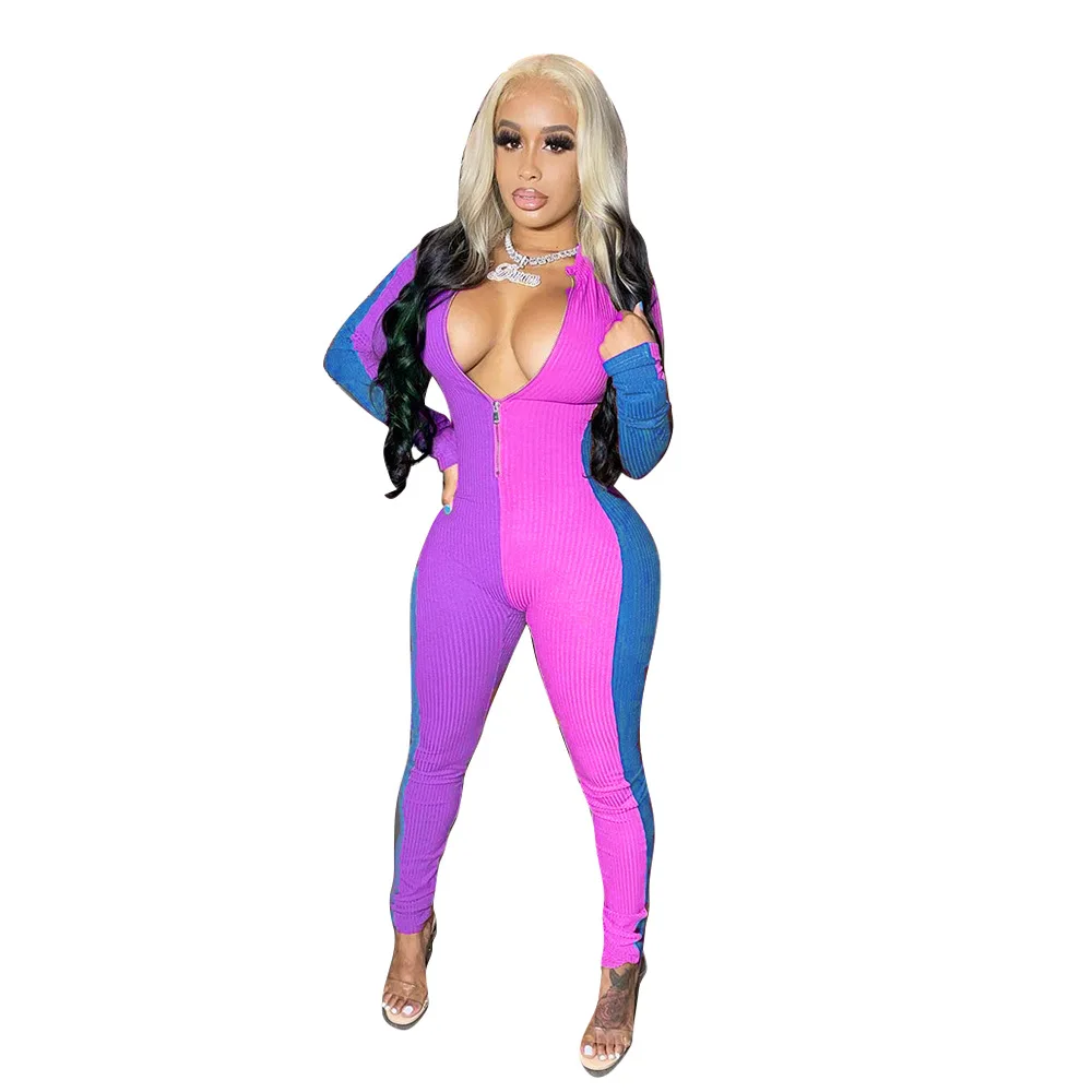 

Fitness Patchwork Knitted Rib Body Rompers Womens Jumpsuit Sexy Zipper V Neck Long Sleeve Pencil Pants Bodycon Jumpsuit Women