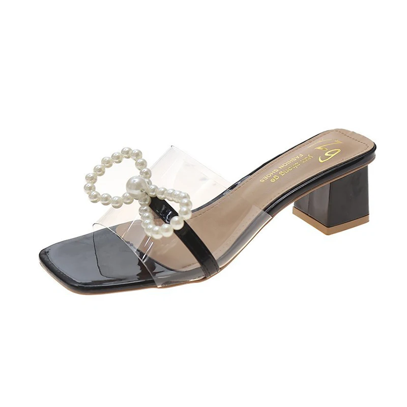 

Square heel Female Shoes Slippers Casual Butterfly-Knot Women Heels String Bead Med Slides Block 2021 Luxury High Soft Summer PU