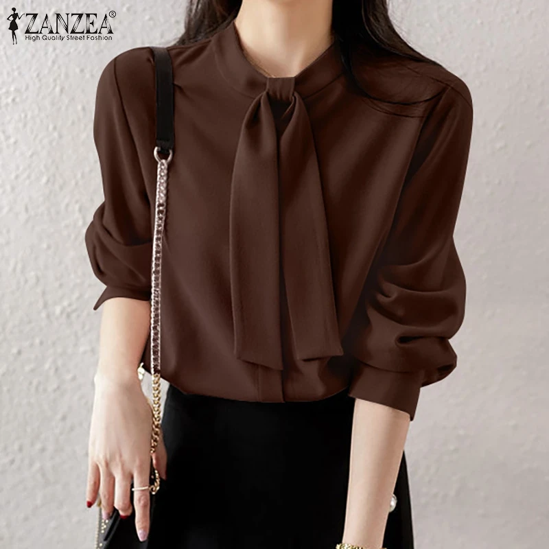 

Женская блузка с бантом ZANZEA, элегантная ажурная блузка с длинным рукавом, Повседневная офисная рубашка большого размера для осени, 2021