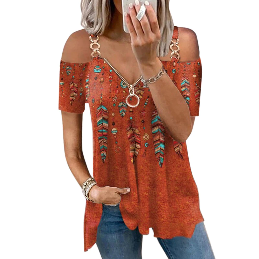 

Women Retro V Neck Short Sleeve Zip Tops Fashion Pullover Geometric Floral Print Blouse Chic Casual Shirts Blusa Streetwear D30