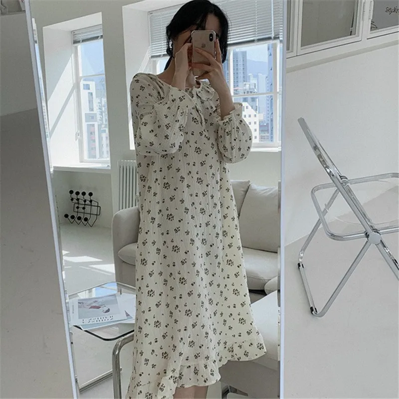 

women nightgown 100% cotton soft floral print nightdress long sleeve ruffles midi dress homewear loose cute sleepwear Y444
