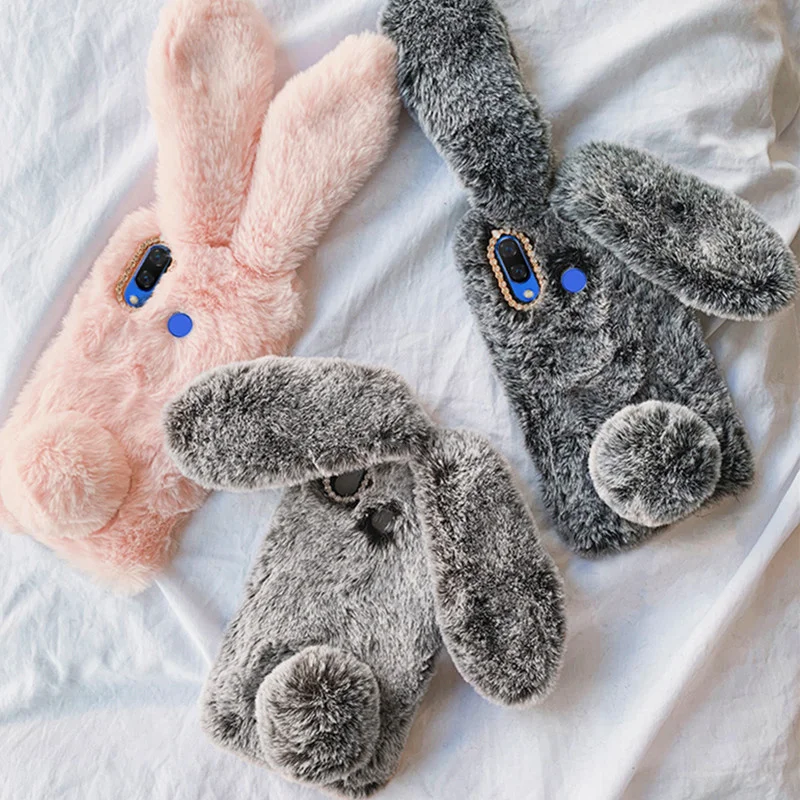 

For Xiaomi MI 10T Lite 5G 3D Rabbit Ears Fluffy Plush Case For Xiaomi MI 11 Ultra 10T Pro Cartoon Warm Fluffy Phone Case Cover