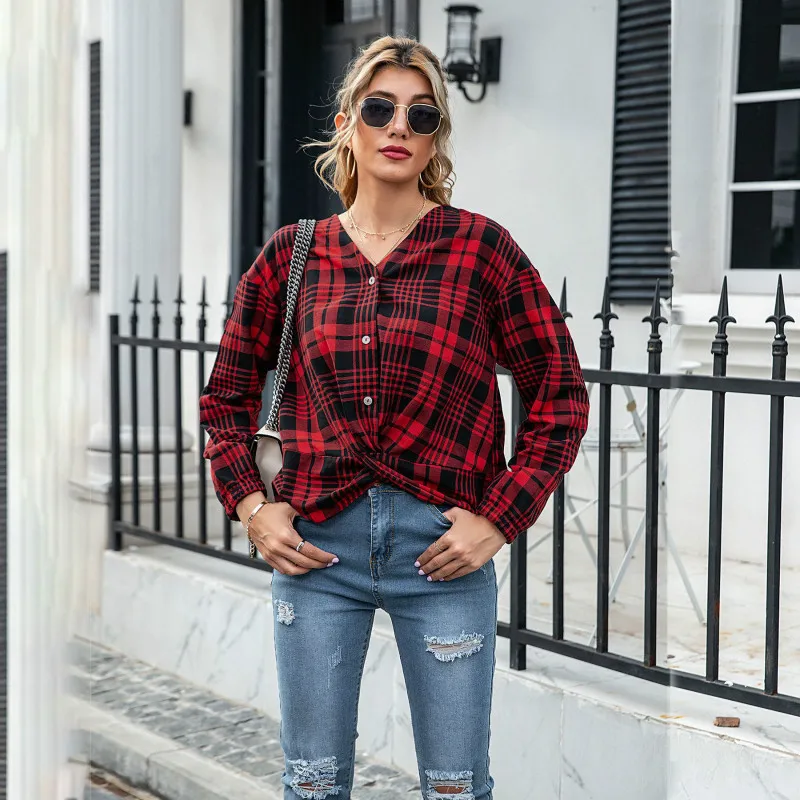 

Women Plaid Long Sleeve Shirt Mid-Length Printed Collarless Temperament Top Outdoor Leisure Party Camping Ladies Formal Femme