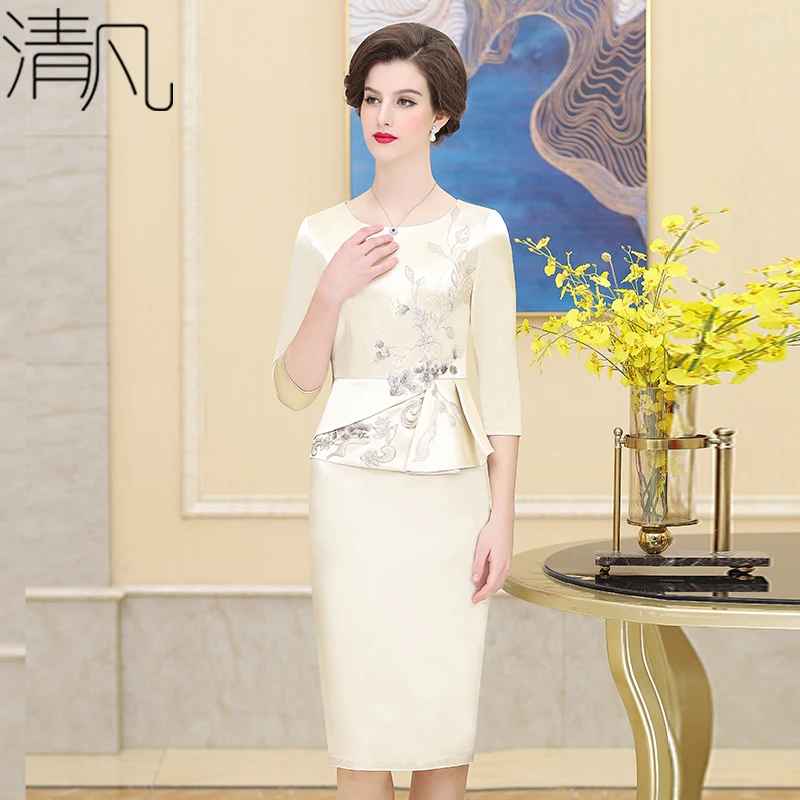 

Dress Luxury Formal For Women Pencil Knee Length Elegant Ruffle Embroidery Mother of Bride Dresses Wedding Robe Female Plus Size