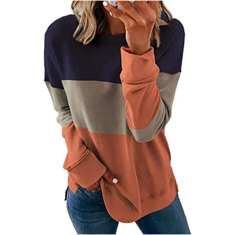 

Women's 2021 sweater women's spring and autumn new splicing contrast tops round neck long sleeve loose sweater women