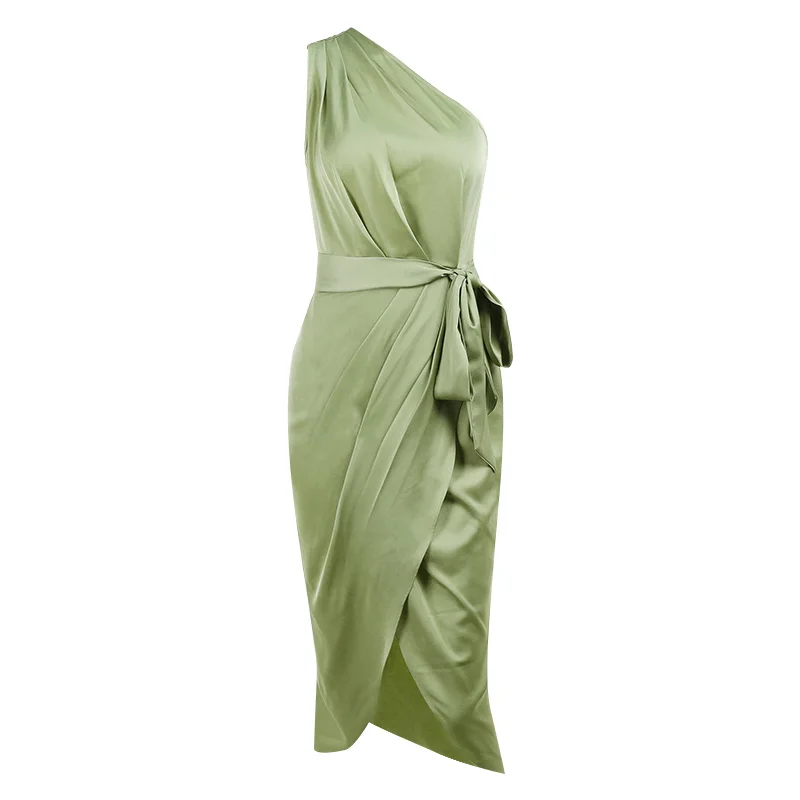 

InstaHot Silk One Shoulder Dress Elegant Party Lady Ruched Split Hem Solid Casual Streetwear Bandage Midi Dress 2021 Female