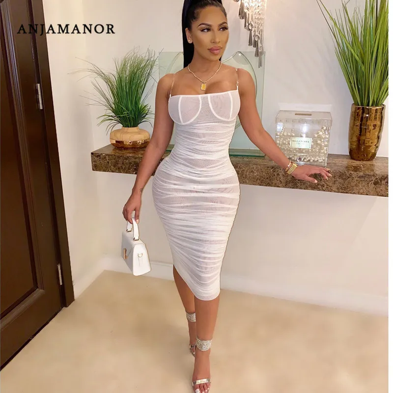 

ANJAMANOR-сексуальное прозрачное Сетчатое облегающее платье, вечерние платья в ночном клубе, платья с рюшами, бретельки-спагетти, Бандажное пла...