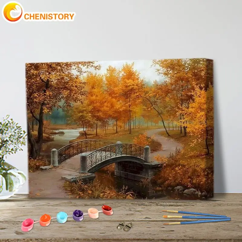 

CHENISTORY Diy Oil Painting By Numbers Autumn Landscape Kits Canvas Handpainted Gift Pictures Bridge Scenery Home Decor 40x50cm