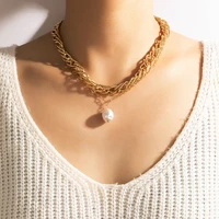 huatang punk pearl penant choker necklace for women thick gold color metal chains short necklace trendy jewelry party gift 18452