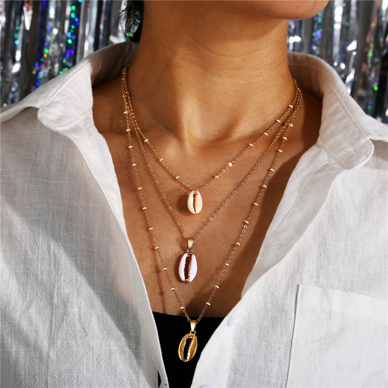 

LIMARIO Three Layers of Shell Pendant Necklace Natural Shell Gold Cowrie Women Best Friend Seashell Necklace Bohemian Jewelry