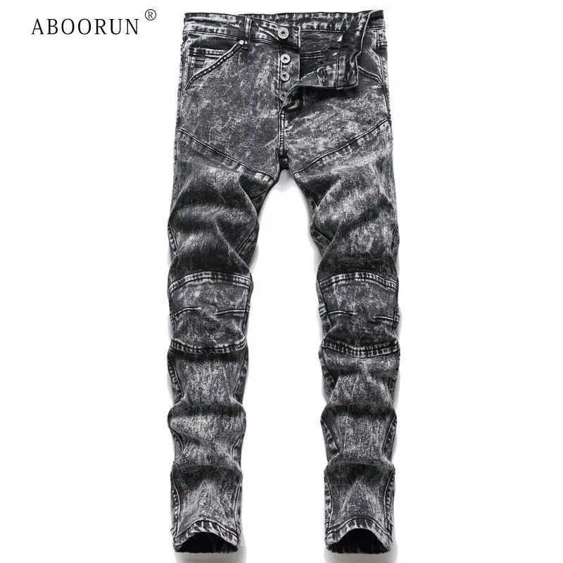 

Джинсы ABOORUN мужские пэчворк, эластичные прямые брюки из денима с эффектом потертости, уличная одежда, в стиле ретро