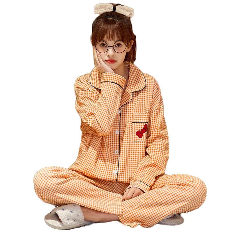 

ELAN MILRE Women's Pajamas Summer Cotton Sleepwear Long Sleeve Pijama Trousers Solid Plaid Homewear Female V-neck Pajama Sets