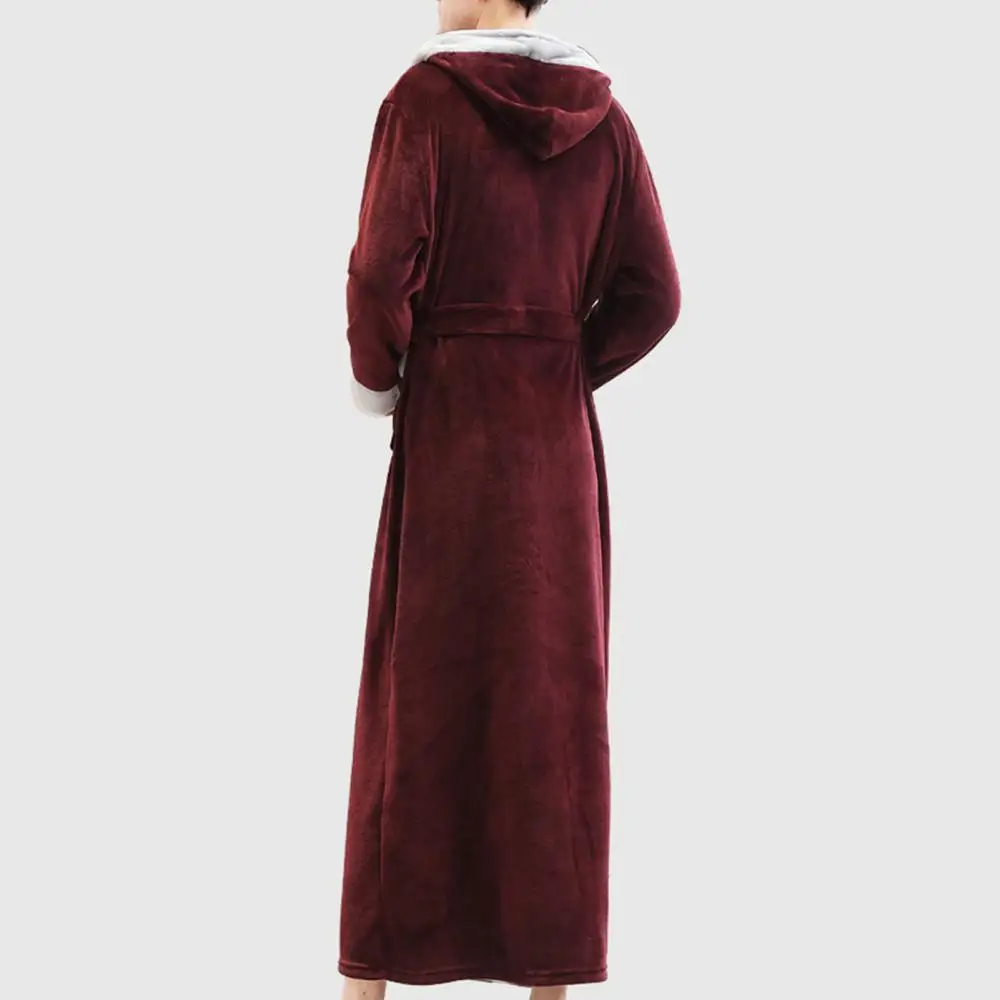 Flannel Pocket Sleepwear Men Autumn Winter Long Sleeve Maxi Bathrobe Pockets Hooded Sleepwear