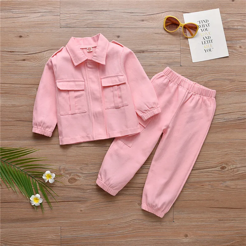 

2 Pcs Toddler Solid Color Outfits Girls Long Sleeve Lapel Zipper Denim Jacket with Pockets + Jeans Clothes Sets Suit 18M-6Y