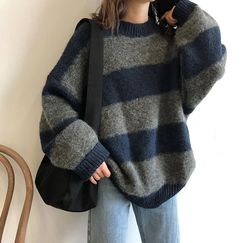 

Женский Тонкий Свитер оверсайз, винтажный полосатый Свободный пуловер, уличная одежда, вязаный джемпер на осень, 2021