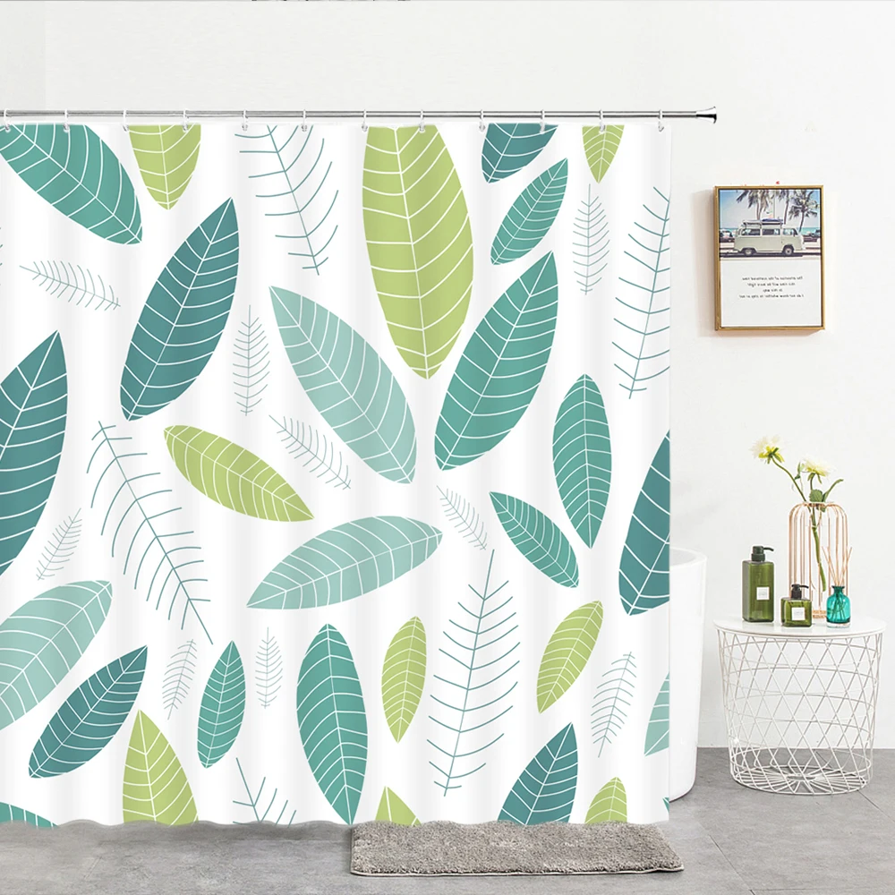 

Small Fresh Green Plant Printed Fabric Shower Curtains Bath Curtain Waterproof Polyester Bathroom Bath Screen Decor with Hooks