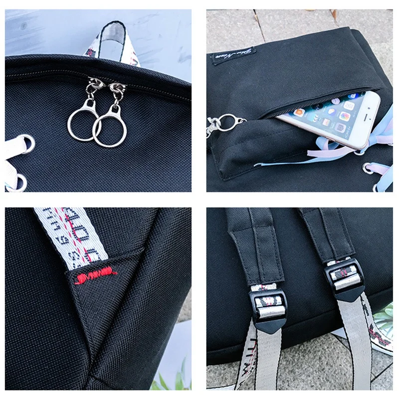 Цепь Usb рюкзак Для женщин Холст 5 шт./компл. для девочек-подростков рюкзаки сумки