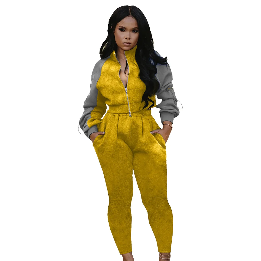

Tracksuit Color Patchwork Women Two Piece Sets 2020 Winter Lady Keep Warm Stand Collar Zipper Coat Sweatpants Activewear Outfits