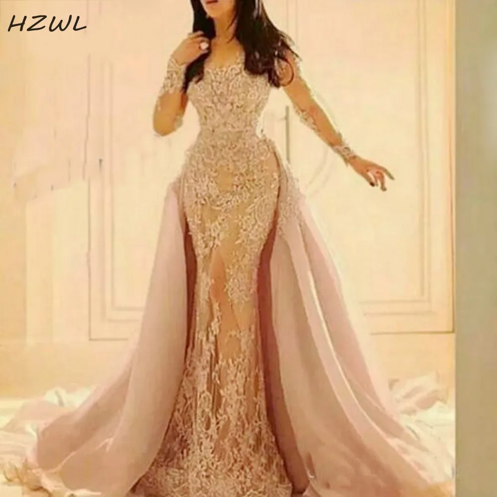 

Dubai African Plus Size Evening Dresses With Detachable Train Illusion Long Sleeves Lace Mermaid Prom Dress Custom robe de soire