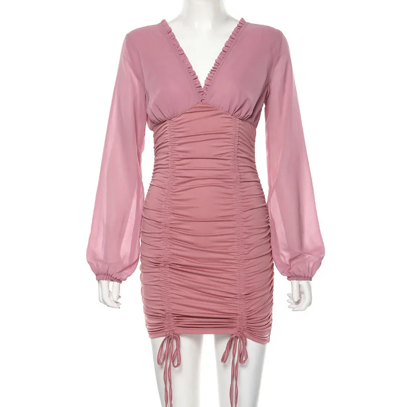 

Spring Chiffon Pleated Backless Slim Dress Women Long Sleeve V-neck Fashion 2021 Summer Party Dress vestido