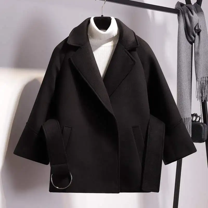 

Women Short Woolen Coat Belt Jacket