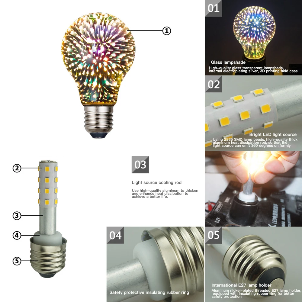 Светодиодная лампа со звездами Фейерверк лампы 3D RGB E27 Винтаж Edison светильник