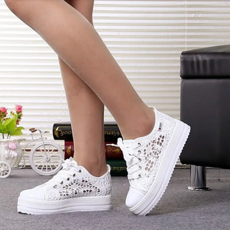Summer Cutouts Lace Canvas Shoes Hollow Floral Print Breathable Platform Women Casual Stunts Sneakers | Обувь