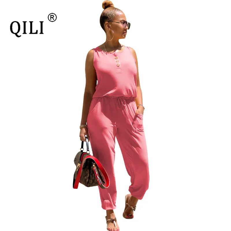 

QILI Women Casual Jumpsuits V Neck Drawstring Button Pockets Jumpsuit Womens Rompers