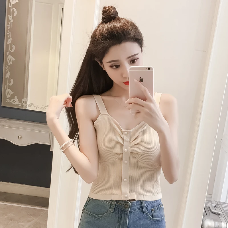 

Women Crop Top Sweater Tank Top Button Up V Neck Sleeveless Knit Top Casual Beach Vest Female Camisole Cotton Tank