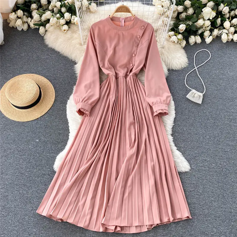 

Hepburn Style French Dress Spring Fall Round Neck Temperament Buckle Design Slim Pleated Long Dress Elegant Female Vestido M1290
