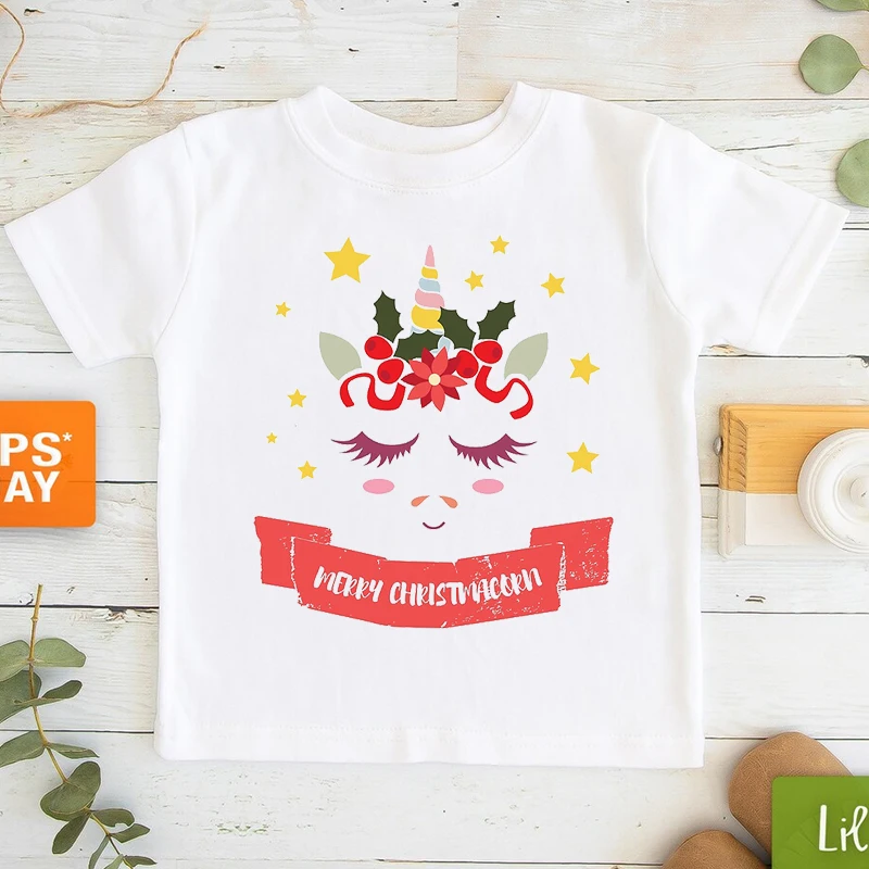 Camiseta de Feliz Navidad para ni&ntilde;os y ni&ntilde;as, camisa Kawaii con cara de unicornio, astas, ropa para ni&ntilde;os, camisetas de manga corta de los a&ntilde;os 90, 2022-2