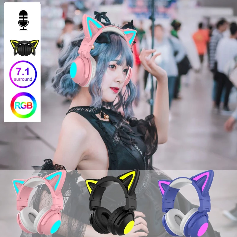Led Light Cat Ear Headset Gamer For Girls,7.1 Stereo Wireless Headsets Control Light Color, Cosplay Gamer Headphones Girls Gift