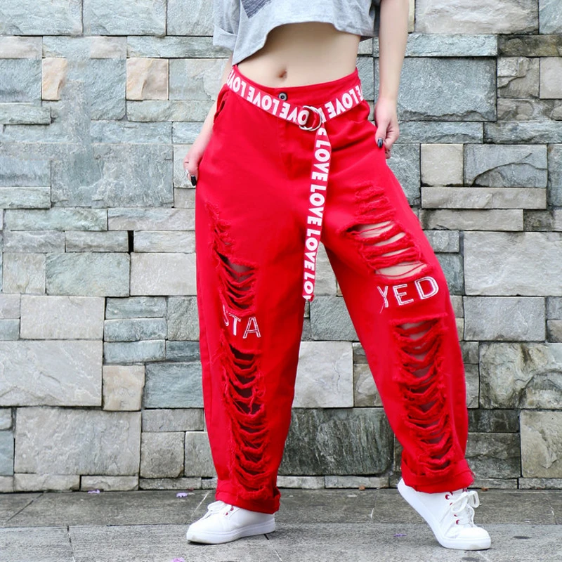 Женский костюм для уличных танцев в стиле хип-хоп красные свободные джинсы