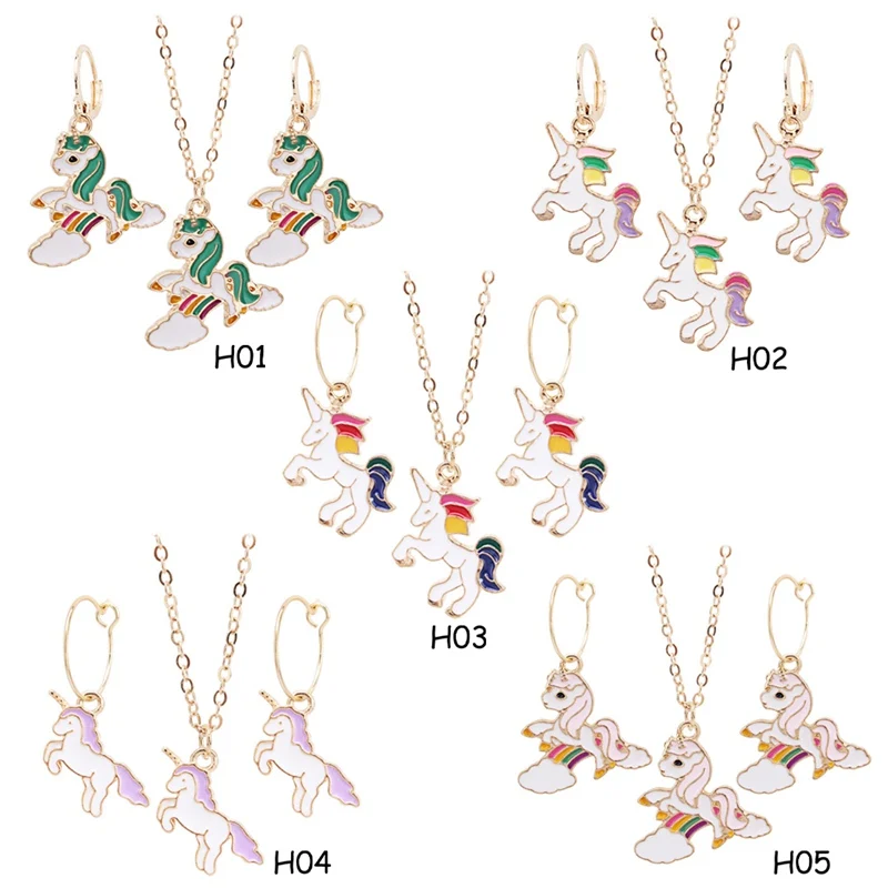 

2020 Fashion Cute Cartoon Cute Pink Horse Unicorn Design Enamel Necklaces Earring Set Fashion Jewelry Set Kids Gift