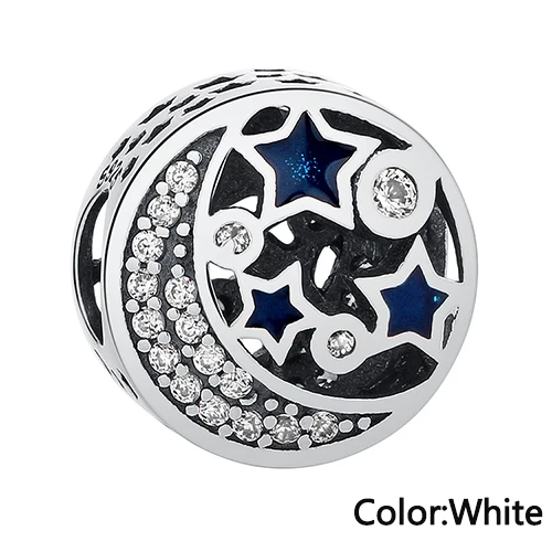 ELESHE 925 Sterling Silvrer Pink Clear CZ Moon Night Sky Star Charm Fit Original Charm Bracelets Necklaces DIY Jewelry Making - Цвет: White