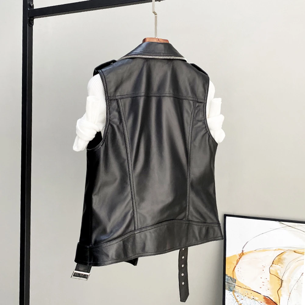 JAZZEVAR 2021 New High Fashion Street Women Real Sheep Skin Zipper Leather Vest Female Genuine Leather Black Motorcycle Jackets