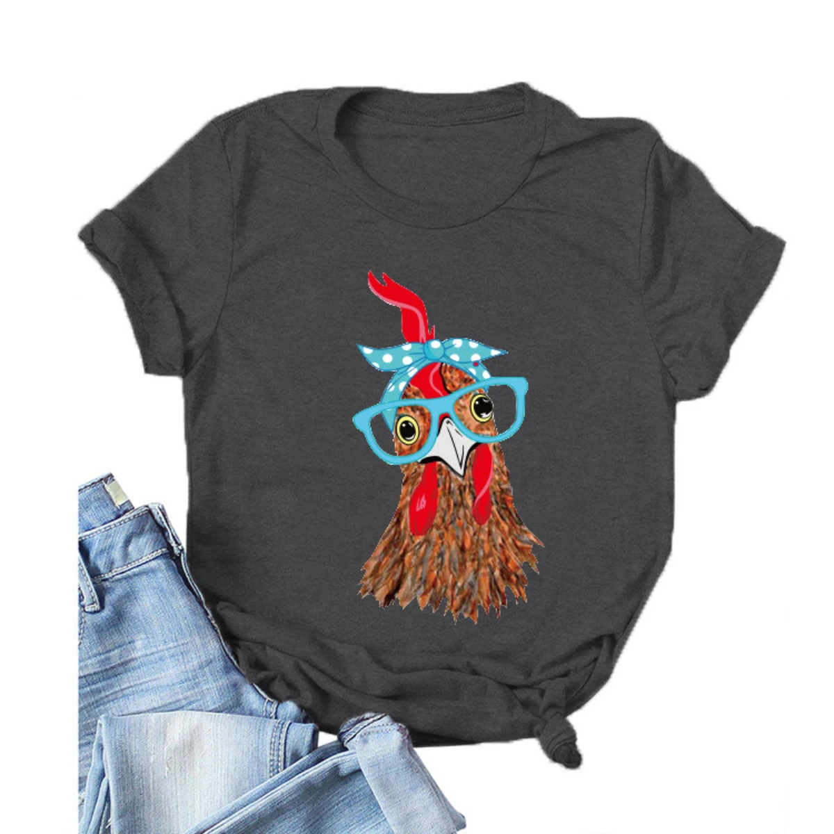 

Women's Glasses Rooster Print Casual Loose Short-Sleeved Round Neck Bottoming T-Shirt Funny Creative Solid color Tees