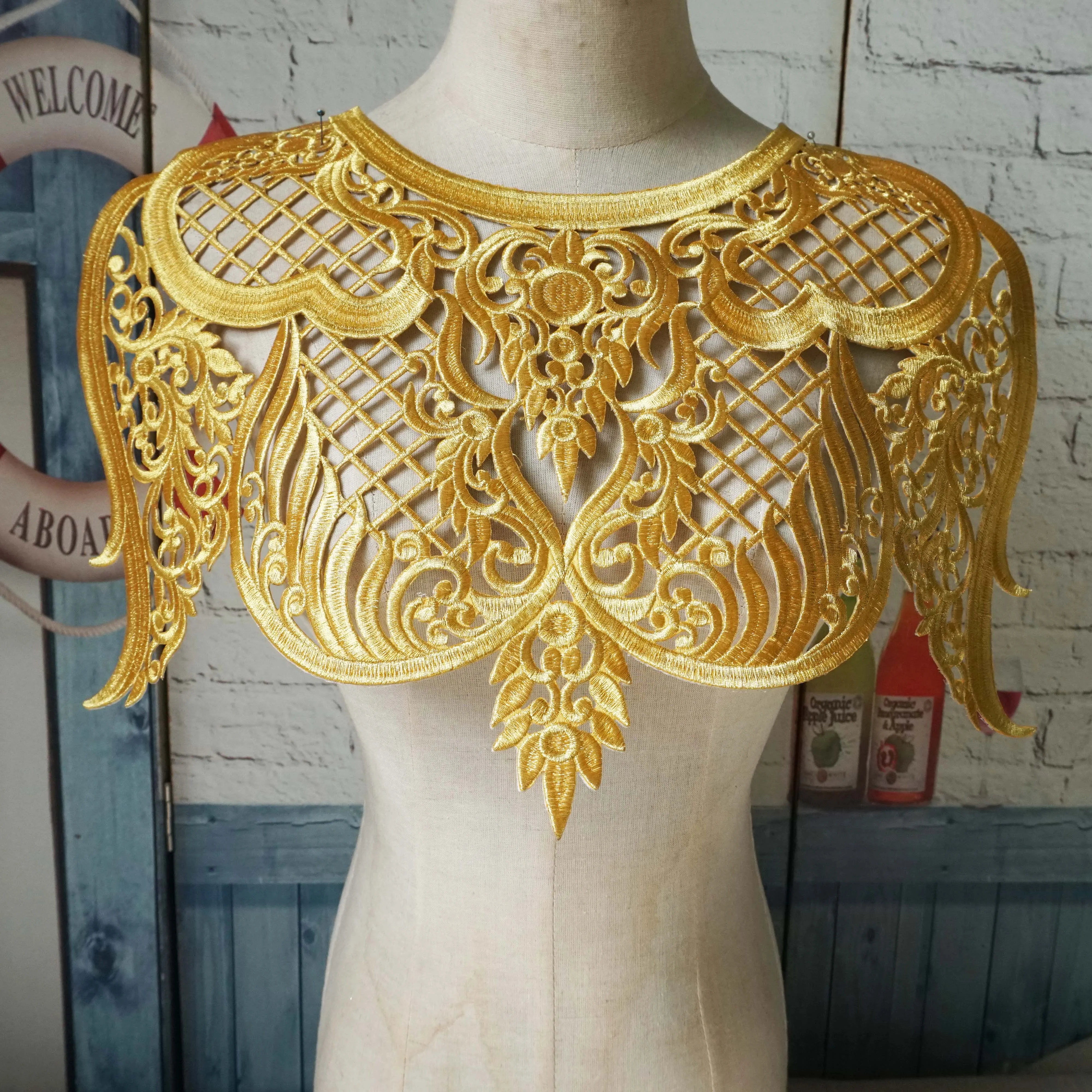 High End Customized Costume Rich Gold, Black Patches Collar Front Back Application Iron-on Big Size