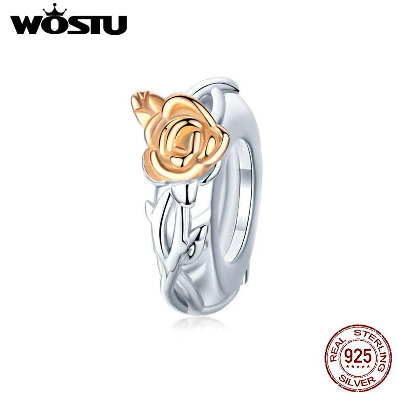 WOSTU настоящий 925 пробы Серебряный цветок розы бусины Розовое Золото Шарм Подходит