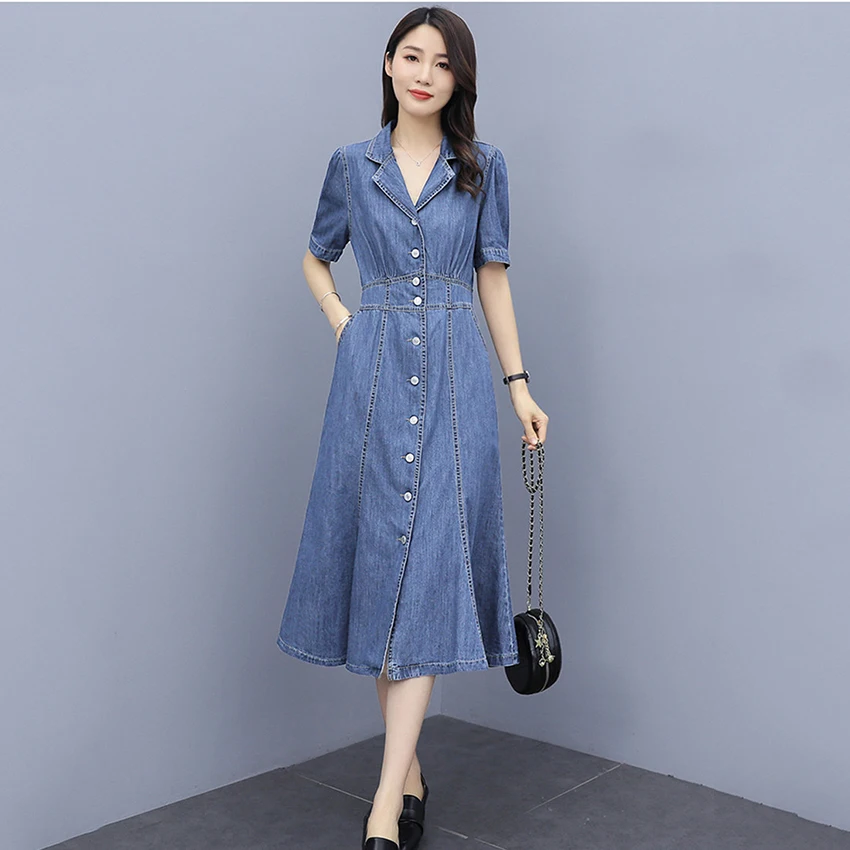 

Женское винтажное джинсовое платье, элегантное офисное платье с пышными рукавами, длинное платье из денима, лето 2021